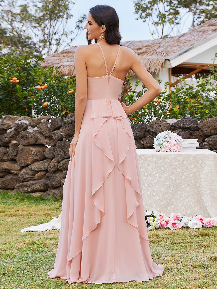 Color=Pink | Elegant Belly collar Halter Neck Spaghetti Straps Chiffon Bridesmaid Dresses with  Back Lotus Leaf Stream-Pink 2