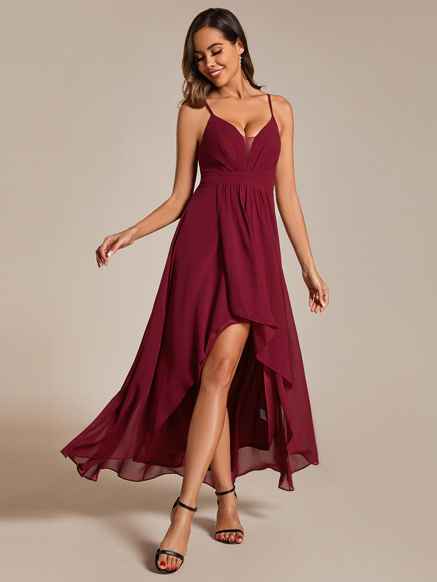 Color=Burgundy | Elegant Spaghetti Straps Bandage Backless Asymmetrical Hem Chiffon Bridesmaid Dresses-Burgundy 11