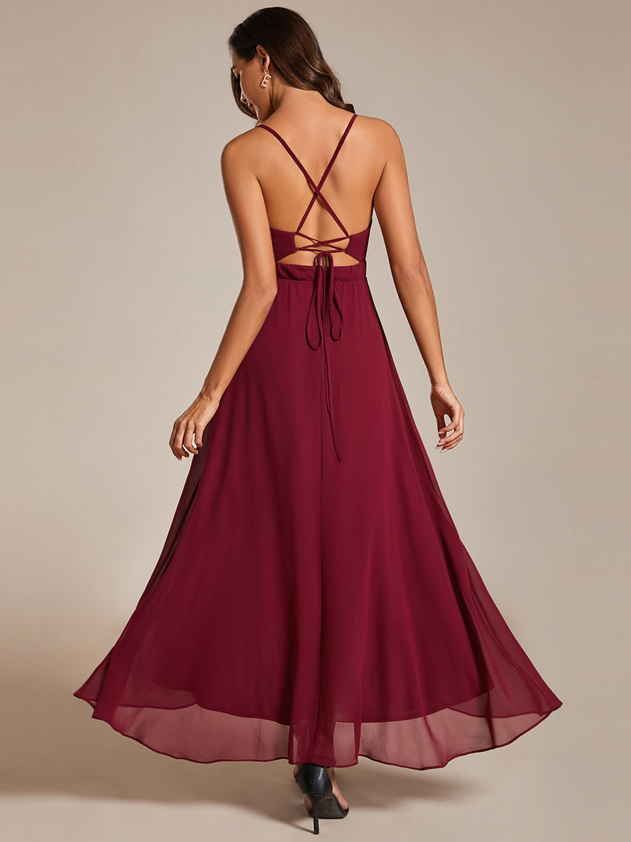 Color=Burgundy | Elegant Spaghetti Straps Bandage Backless Asymmetrical Hem Chiffon Bridesmaid Dresses-Burgundy 12