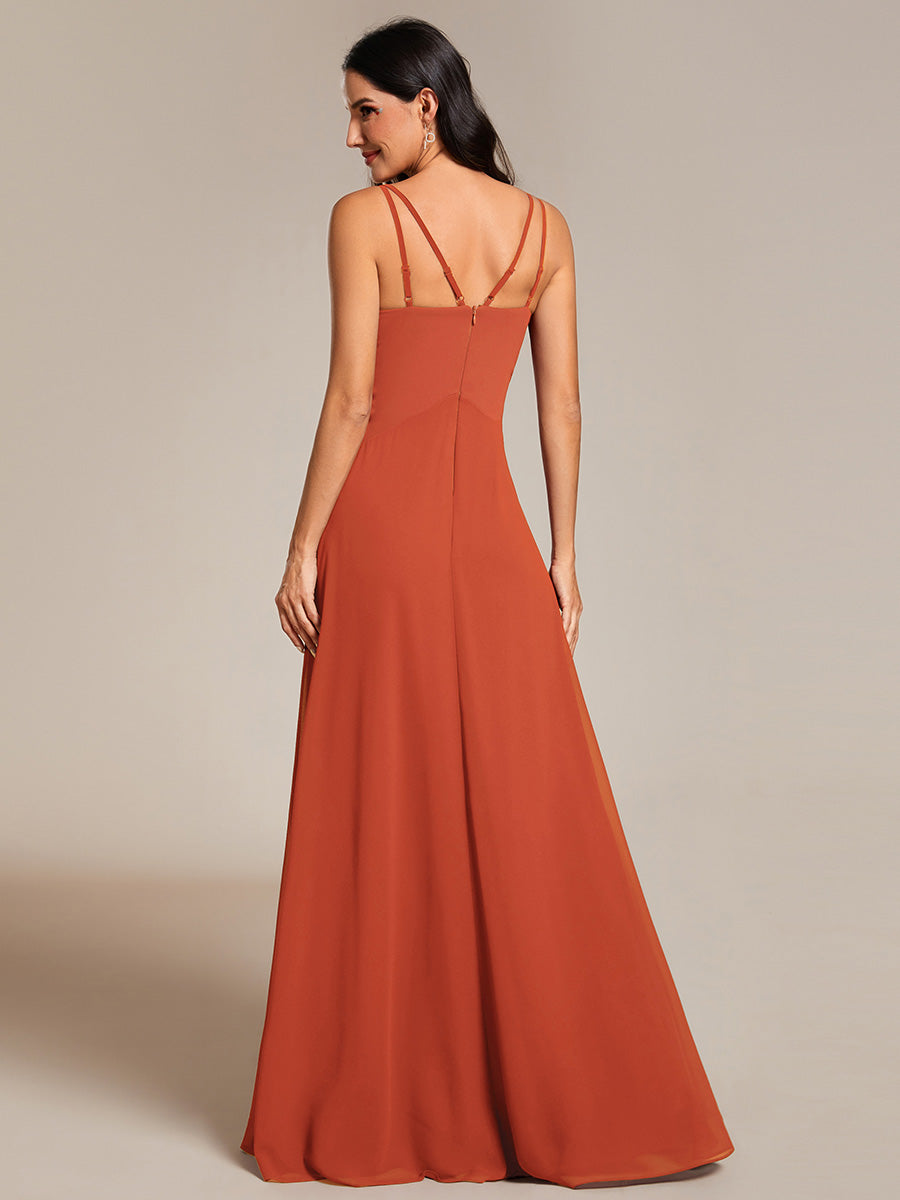 Color=Burnt Orange | Elegant V Neck Spaghetti Straps Bridesmaids Dress Ruched Empire Waist Floor Length Chiffon Dresses-Burnt Orange 22