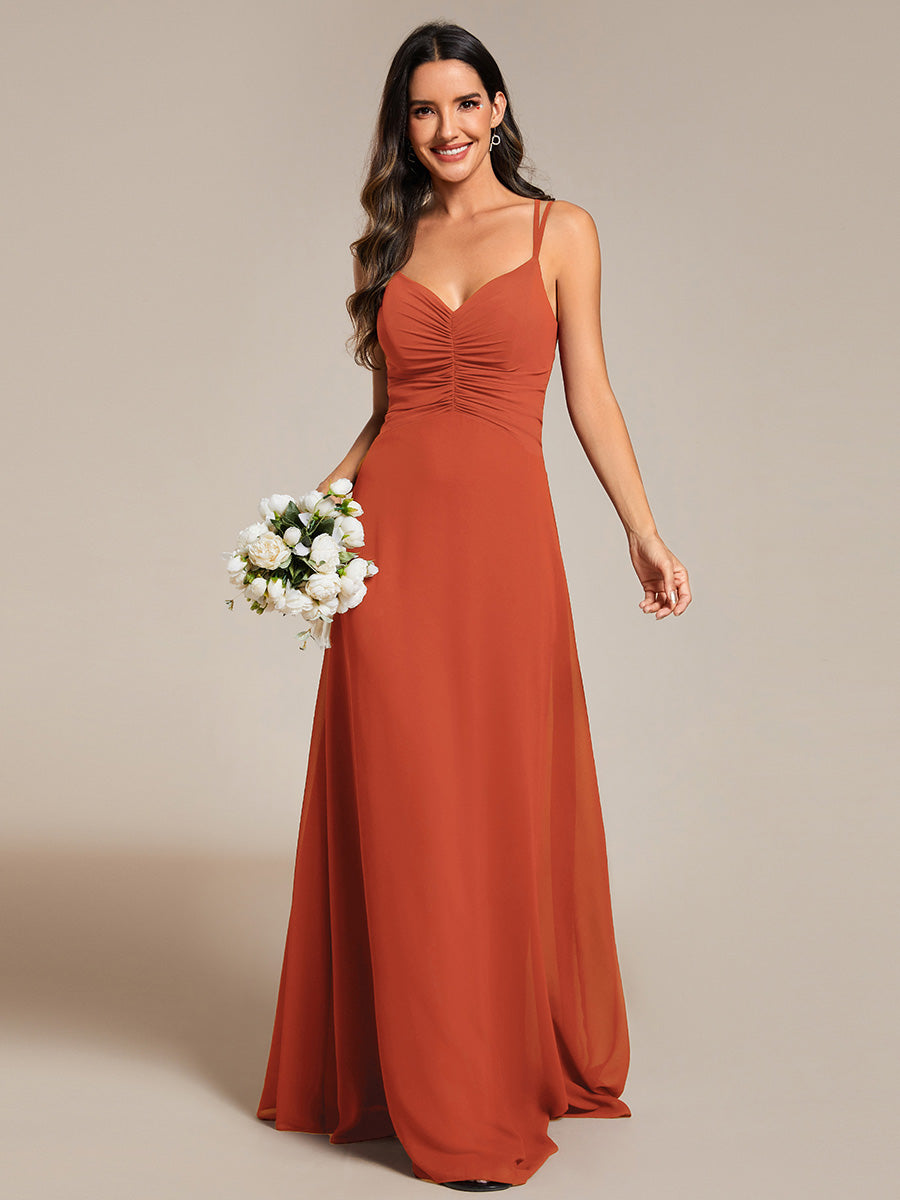 Color=Burnt Orange | Elegant V Neck Spaghetti Straps Bridesmaids Dress Ruched Empire Waist Floor Length Chiffon Dresses-Burnt Orange 24