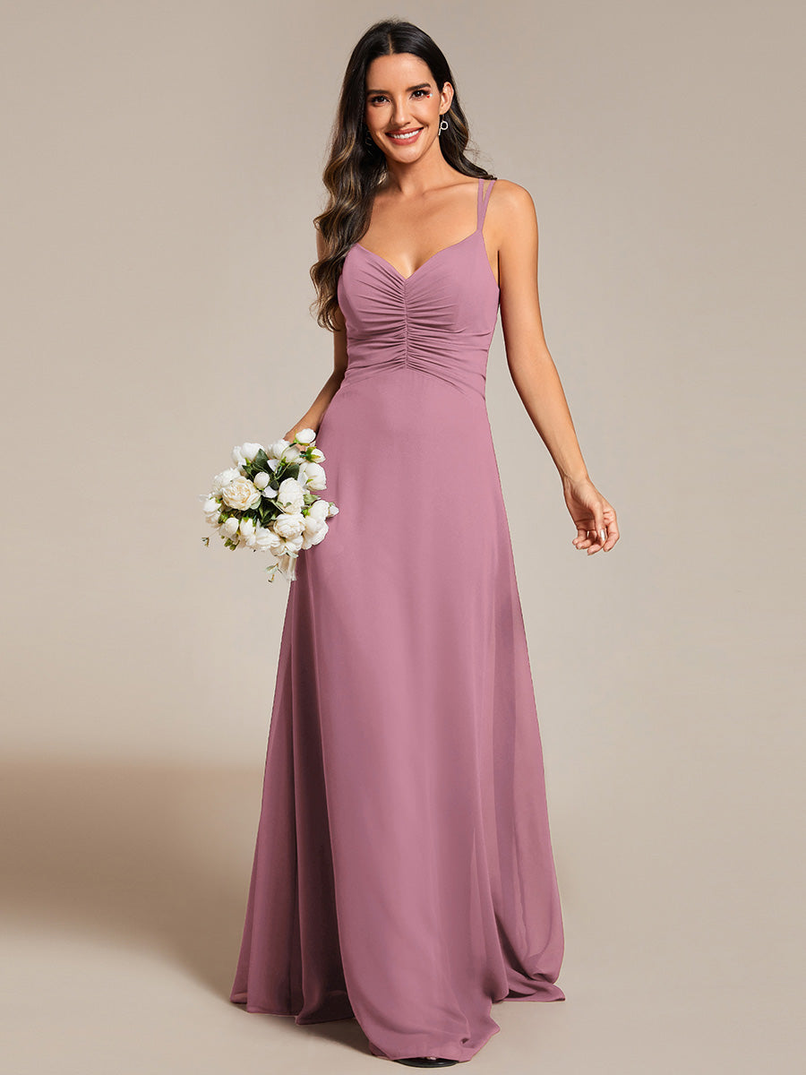 Color=Orchid | Elegant V Neck Spaghetti Straps Bridesmaids Dress Ruched Empire Waist Floor Length Chiffon Dresses-Orchid 29