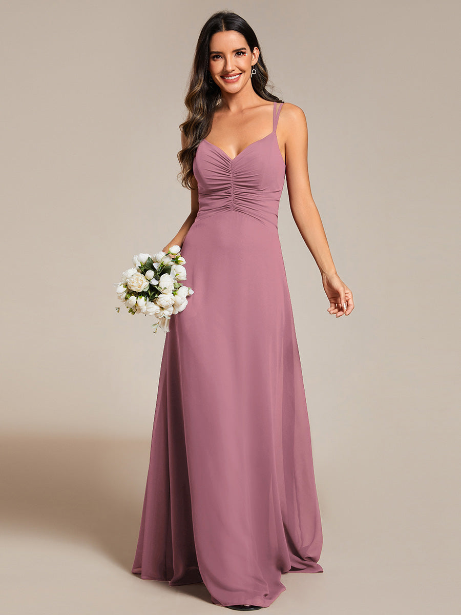 Color=Orchid | Elegant V Neck Spaghetti Straps Bridesmaids Dress Ruched Empire Waist Floor Length Chiffon Dresses-Orchid 30