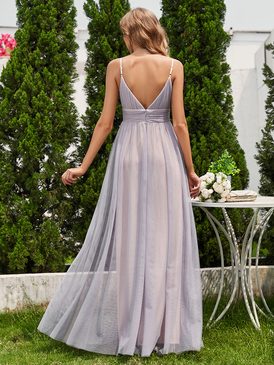 Color=Grey | Simple Deep V Neck See-Through Empire Waist Tulle Dresses Spaghetti Straps Backless A-Line Bridesmaids Dress-Grey 32