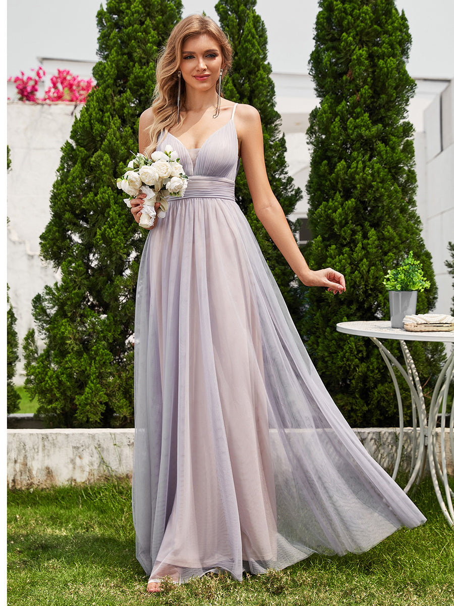 Color=Grey | Simple Deep V Neck See-Through Empire Waist Tulle Dresses Spaghetti Straps Backless A-Line Bridesmaids Dress-Grey 33