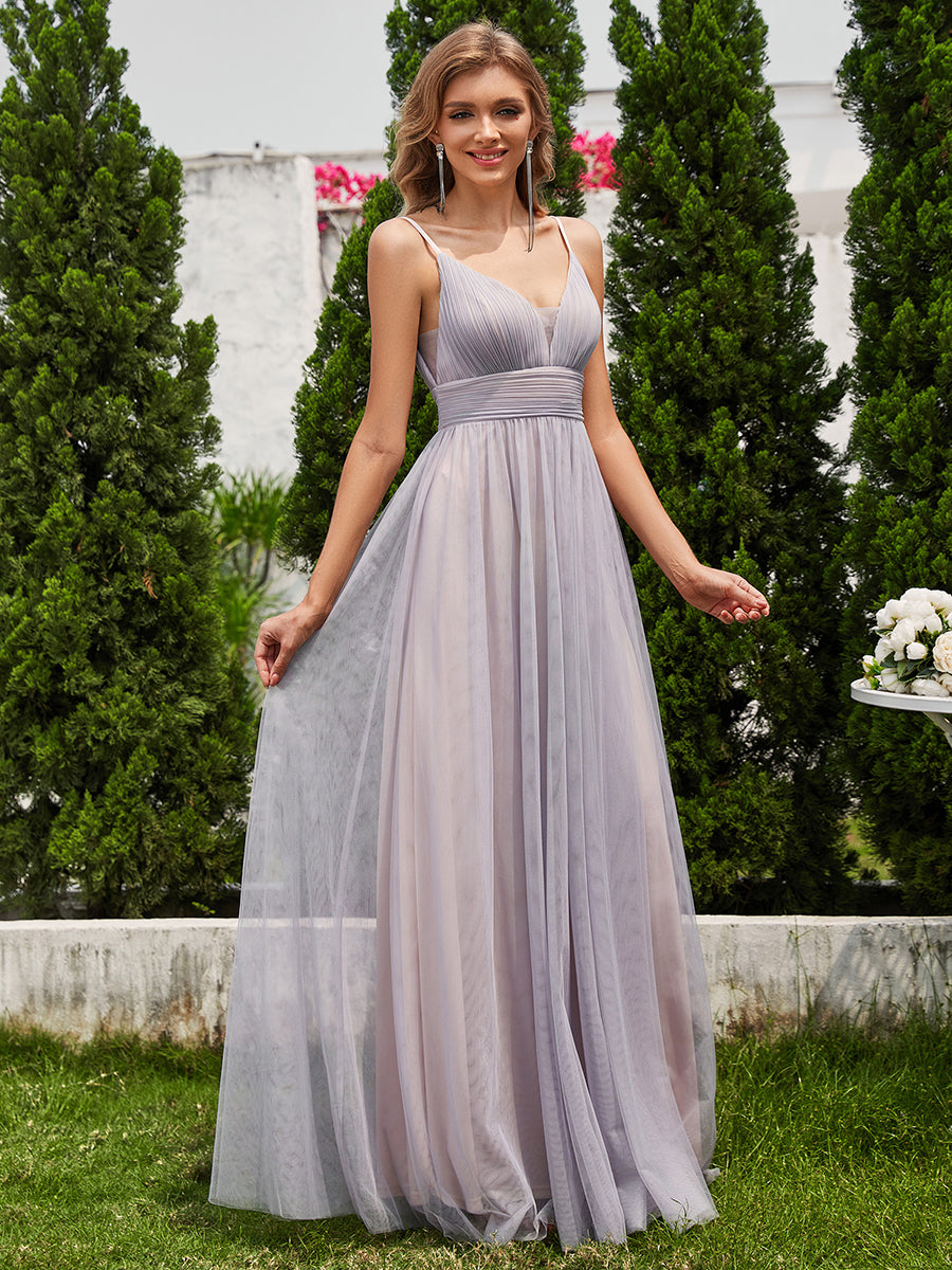 Color=Grey | Simple Deep V Neck See-Through Empire Waist Tulle Dresses Spaghetti Straps Backless A-Line Bridesmaids Dress-Grey 34