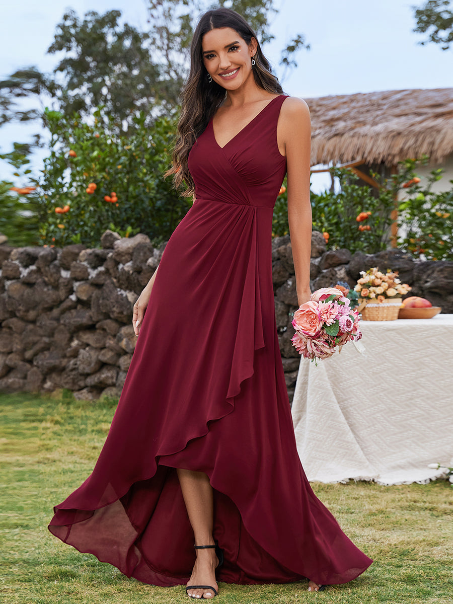 Color=Burgundy | Elegant Midi Length Chiffon Bridesmaid Dresses with Asymmetrical Ruffles Hem-Burgundy 1