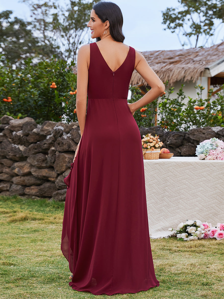 Color=Burgundy | Elegant Midi Length Chiffon Bridesmaid Dresses with Asymmetrical Ruffles Hem-Burgundy 2