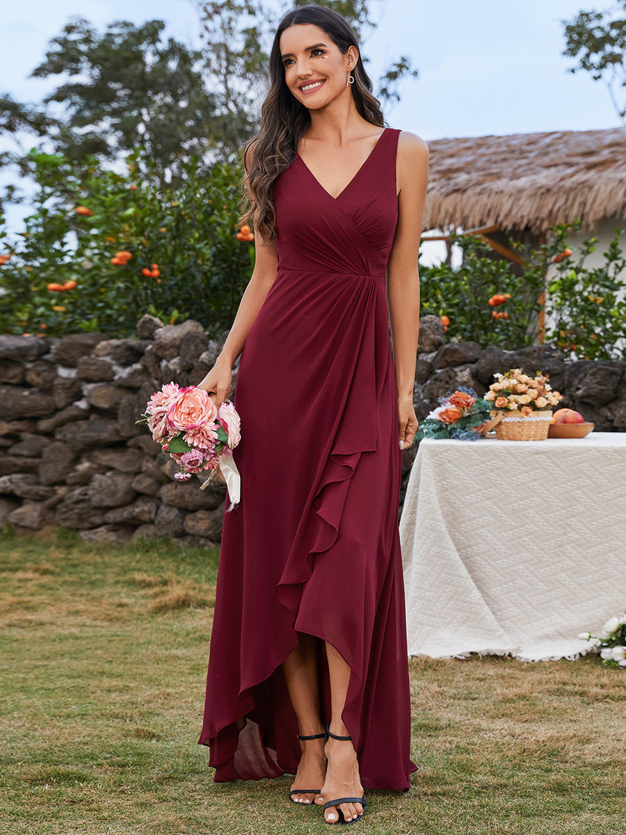 Color=Burgundy | Elegant Midi Length Chiffon Bridesmaid Dresses with Asymmetrical Ruffles Hem-Burgundy 3