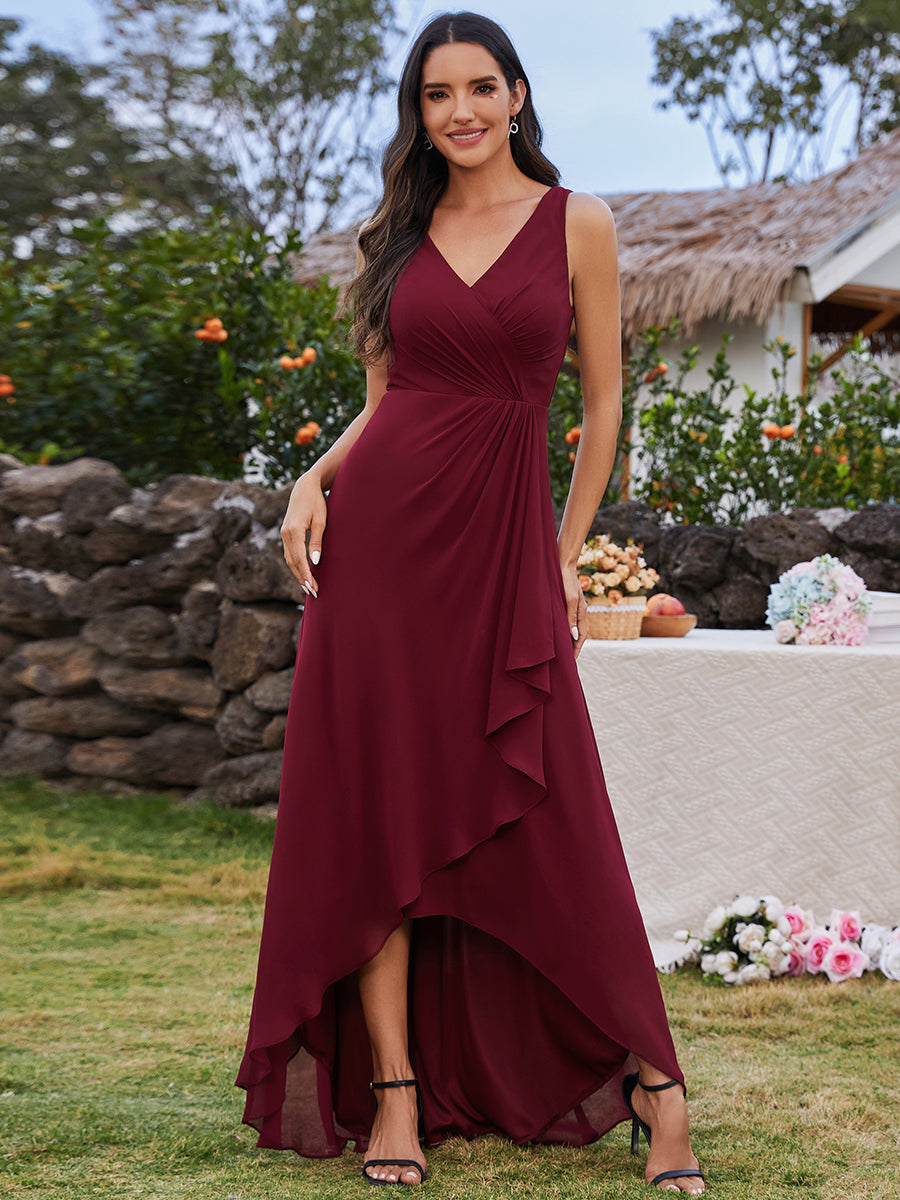 Color=Burgundy | Elegant Midi Length Chiffon Bridesmaid Dresses with Asymmetrical Ruffles Hem-Burgundy 4