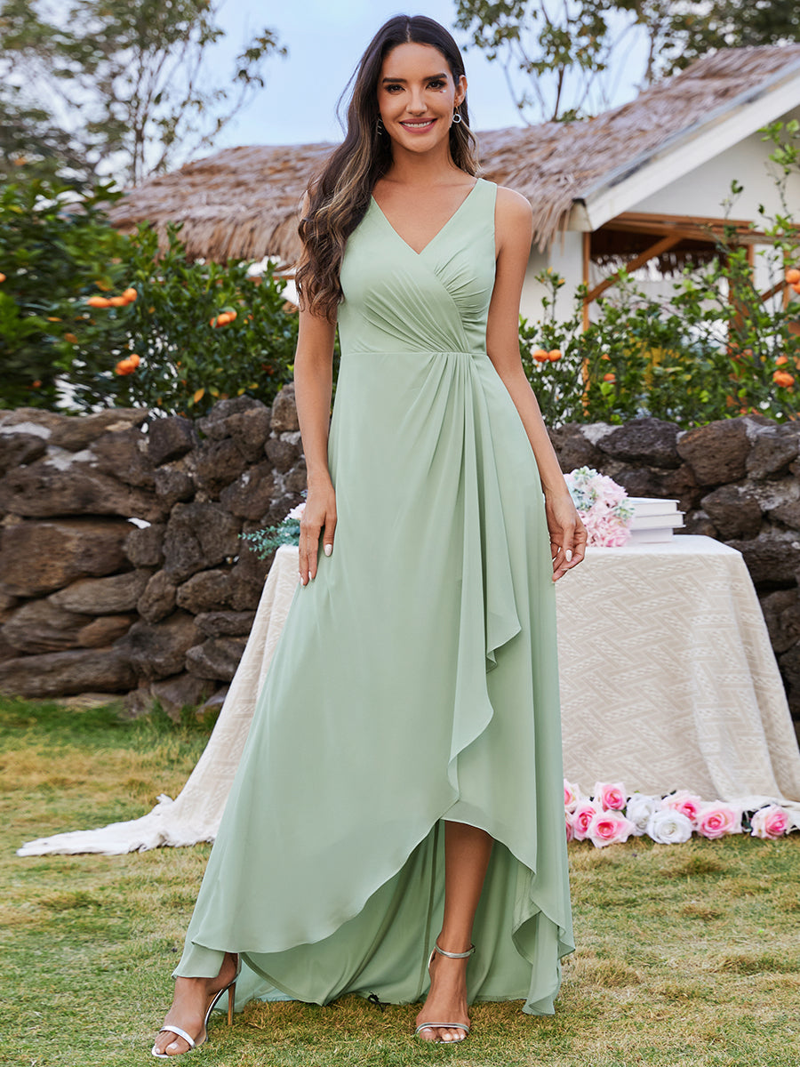 Color=Mint Green | Elegant Midi Length Chiffon Bridesmaid Dresses with Asymmetrical Ruffles Hem-Mint Green 9