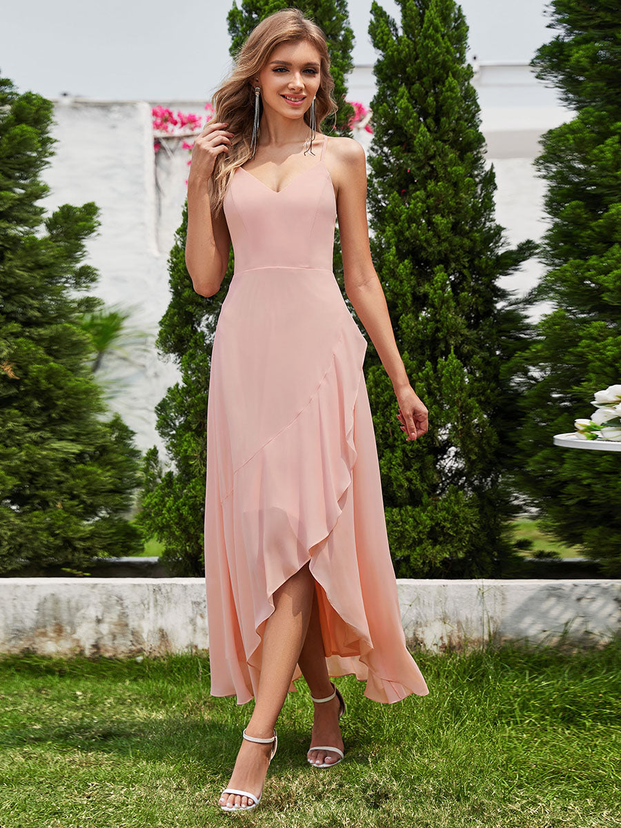 Color=Pink | Elegant A-Line Lotus Leaf Midi Length Chiffon Dresses with Asymmetrical Hem-Pink 11