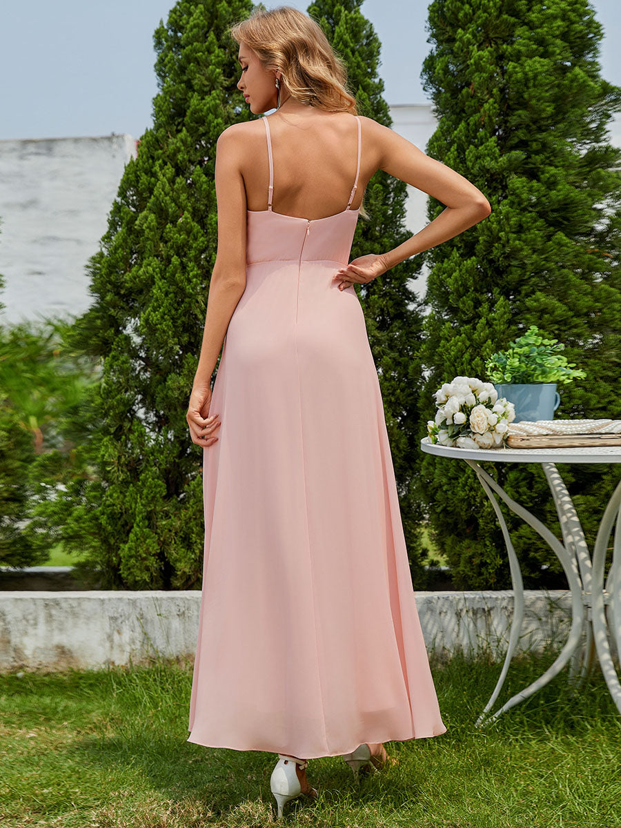 Color=Pink | Elegant A-Line Lotus Leaf Midi Length Chiffon Dresses with Asymmetrical Hem-Pink 12