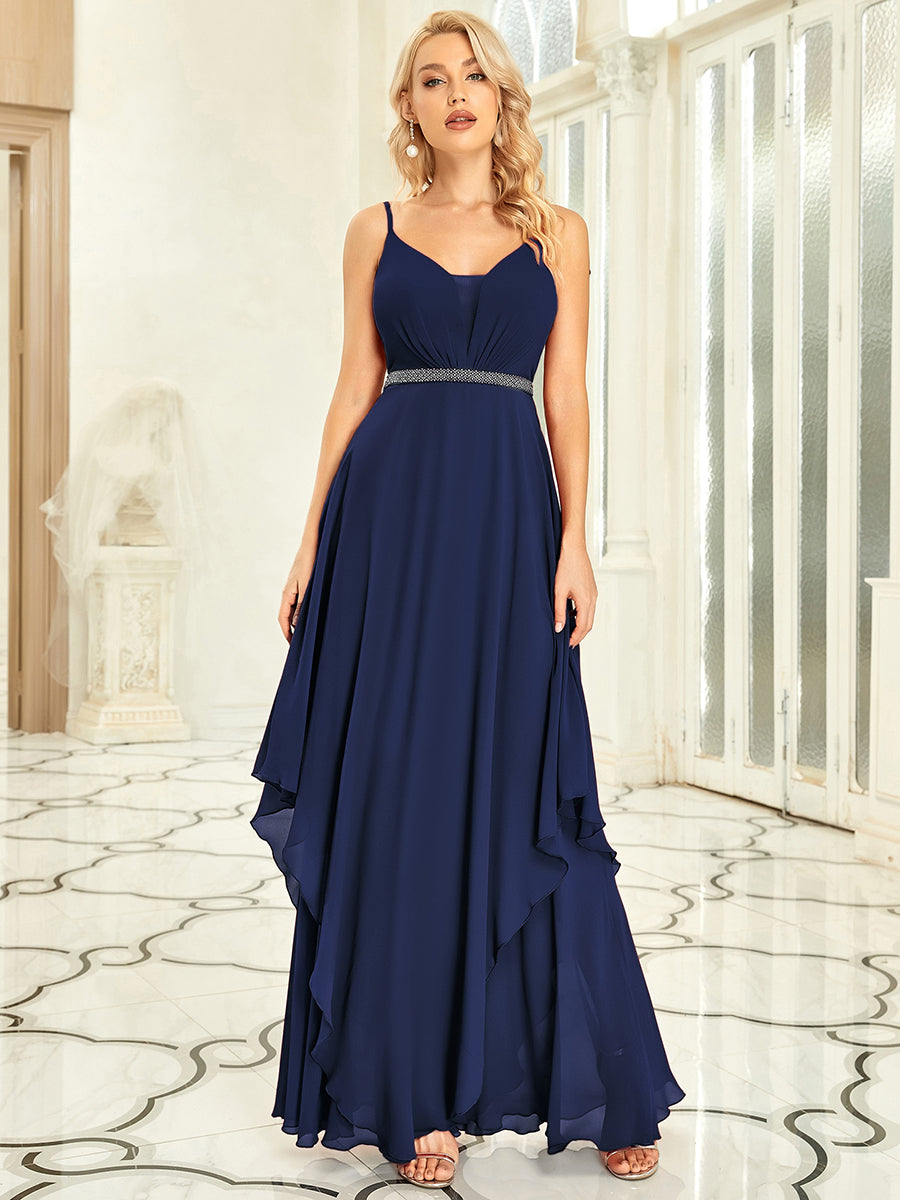 Color=Navy Blue | Elegant See-Through V Neck Spaghetti Straps Chiffon Bridesmaid Dresses with Floaty Asymmetrical Ruffles Hem-Navy Blue 6