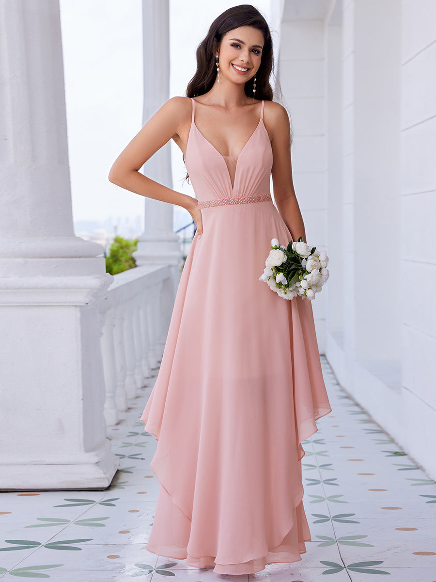 Elegant See Through V Neck Spaghetti Straps Chiffon Bridesmaid Dresses