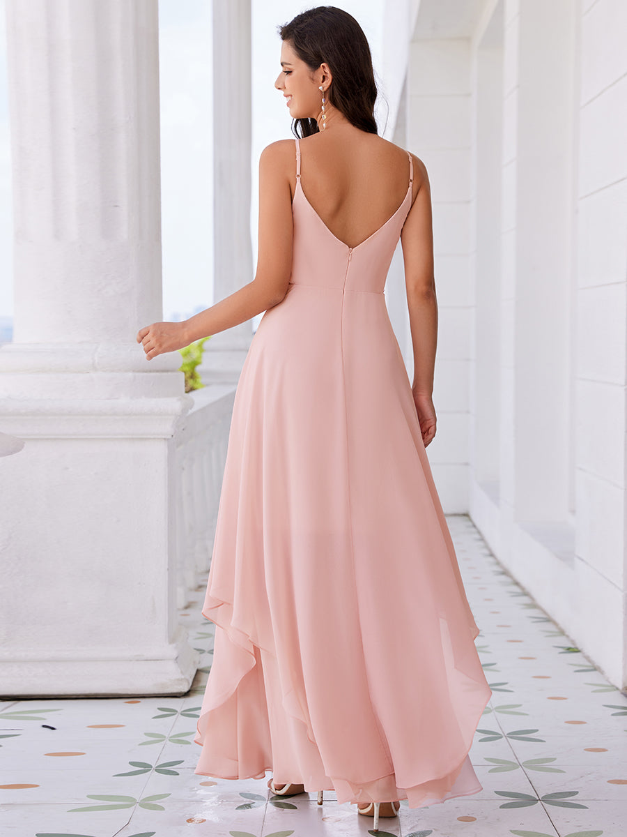 Color=Pink | Elegant See-Through V Neck Spaghetti Straps Chiffon Bridesmaid Dresses with Floaty Asymmetrical Ruffles Hem-Pink 12