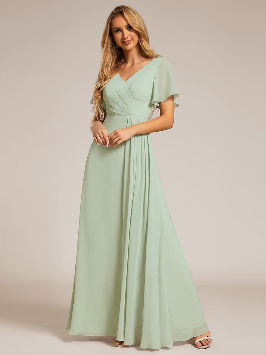 Color=Mint Green | Elegant Lotus Leaf Ruffles Sleeve asymmetrical Ruched Empire Waist Chiffon Evening Dresses-Mint Green 36