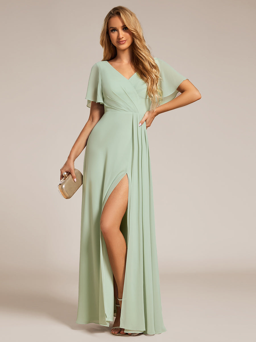 Color=Mint Green | Elegant Lotus Leaf Ruffles Sleeve asymmetrical Ruched Empire Waist Chiffon Evening Dresses-Mint Green 39