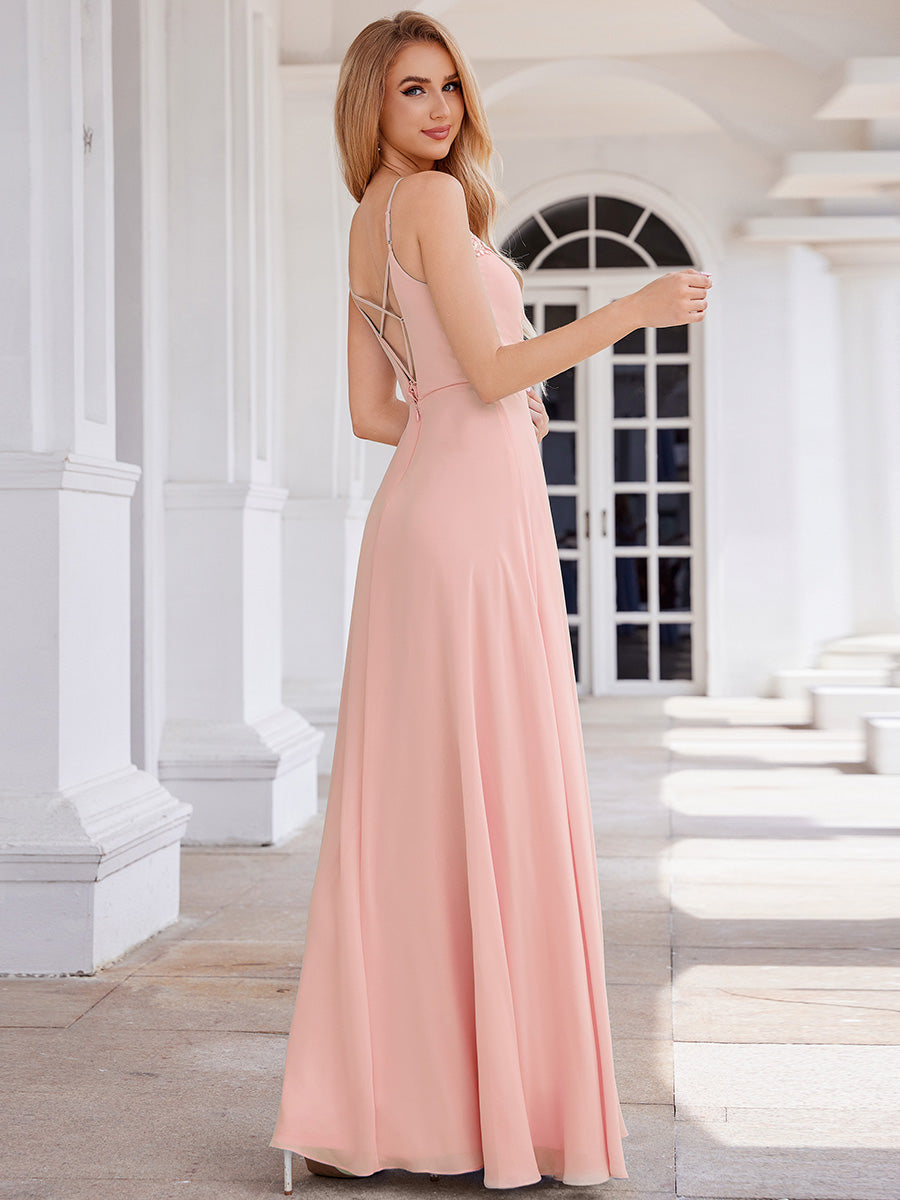 Color=Pink | Elegant Bridesmaid Dresses Sleeveless A-Line Cross Back Chiffon Dresses with Embroidery Decoration-Pink 21