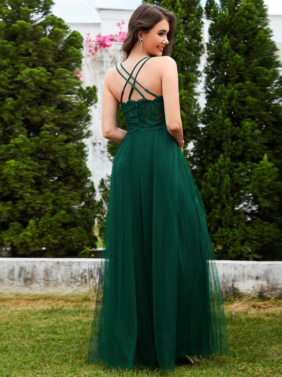 Color=Dark Green | Romantic Spaghetti Straps Tulle Bridesmaid Dresses with Lace Backless Crossover Halter Design-Dark Green 2