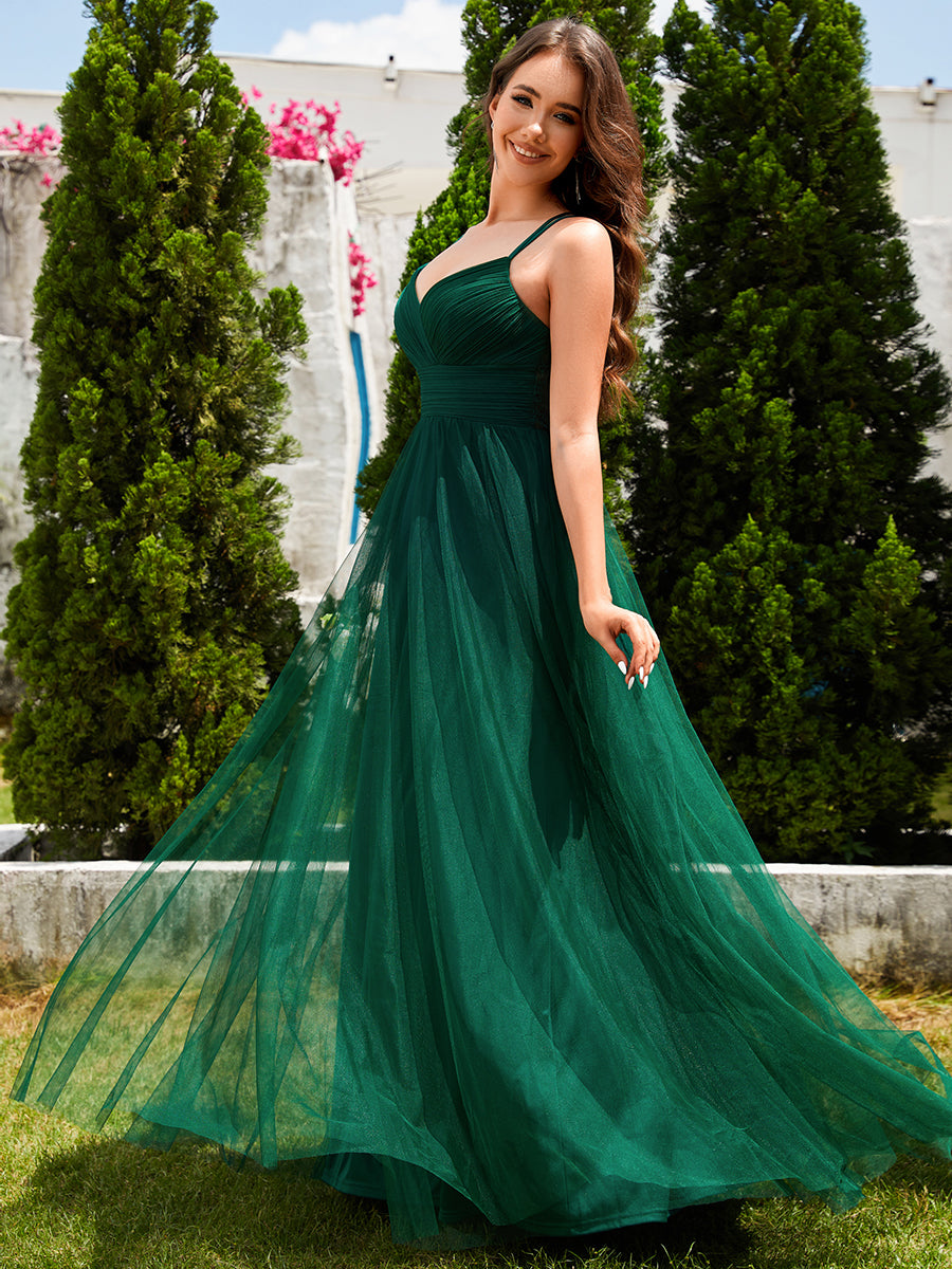 Color=Dark Green | Romantic Spaghetti Straps Tulle Bridesmaid Dresses with Lace Backless Crossover Halter Design-Dark Green 3