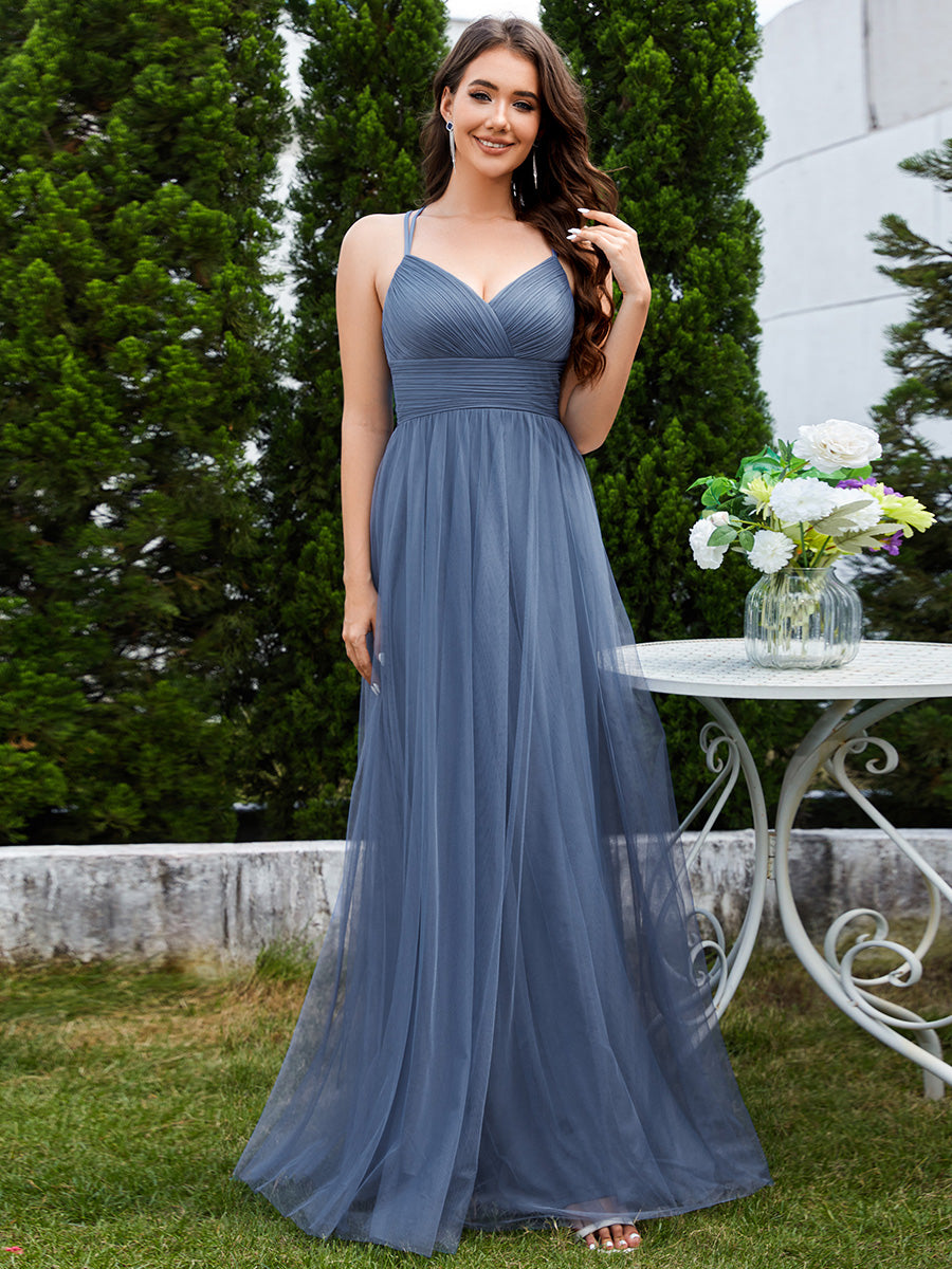 Color=Dusty Navy | Romantic Spaghetti Straps Tulle Bridesmaid Dresses with Lace Backless Crossover Halter Design-Dusty Navy 6