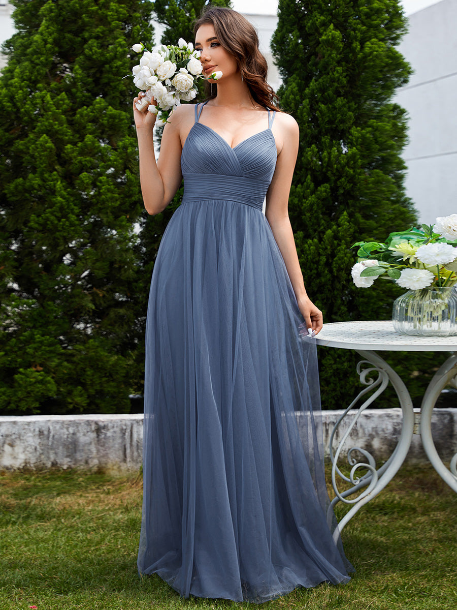 Color=Dusty Navy | Romantic Spaghetti Straps Tulle Bridesmaid Dresses with Lace Backless Crossover Halter Design-Dusty Navy 8