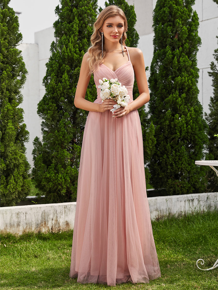 Color=Pink | Romantic Spaghetti Straps Tulle Bridesmaid Dresses with Lace Backless Crossover Halter Design-Pink 11