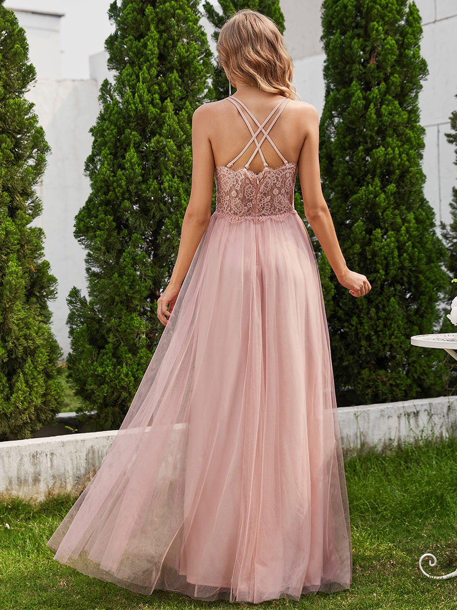 Romantic Spaghetti Straps Tulle Bridesmaid Dresses with Lace Backless