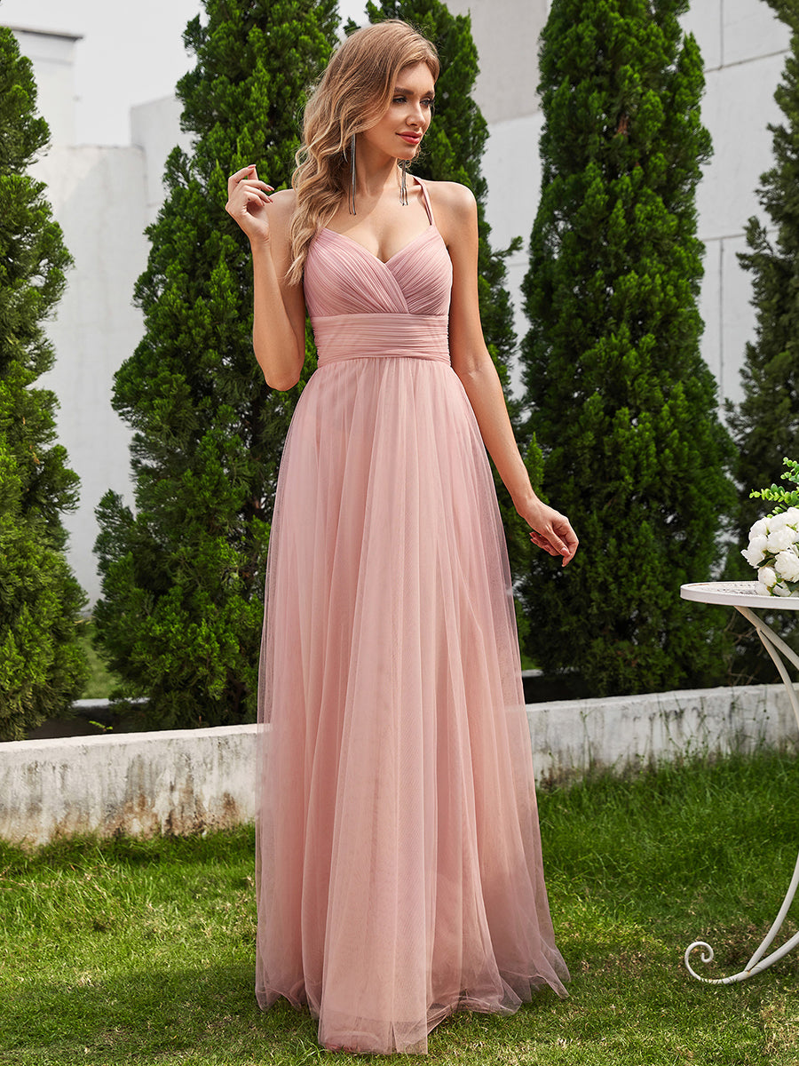 Color=Pink | Romantic Spaghetti Straps Tulle Bridesmaid Dresses with Lace Backless Crossover Halter Design-Pink 13