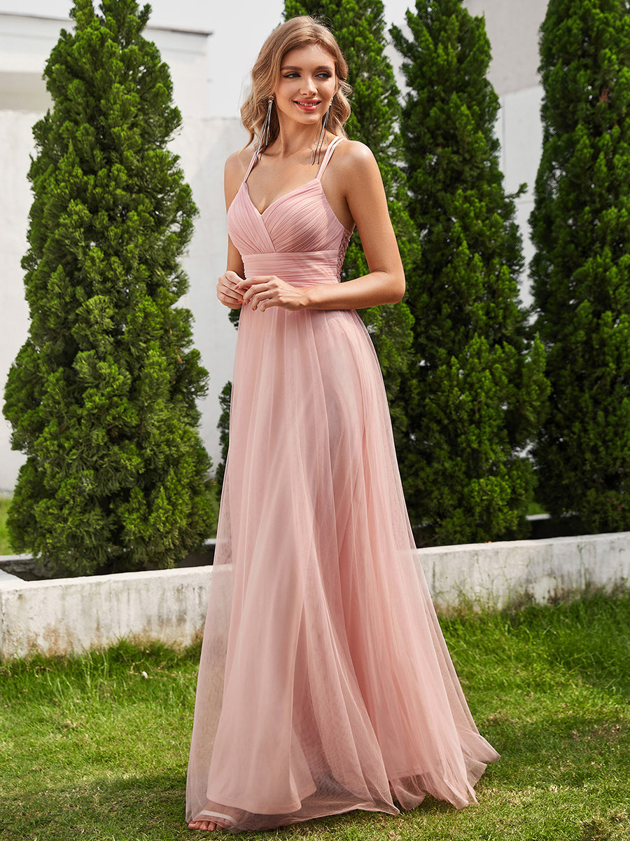 Color=Pink | Romantic Spaghetti Straps Tulle Bridesmaid Dresses with Lace Backless Crossover Halter Design-Pink 14