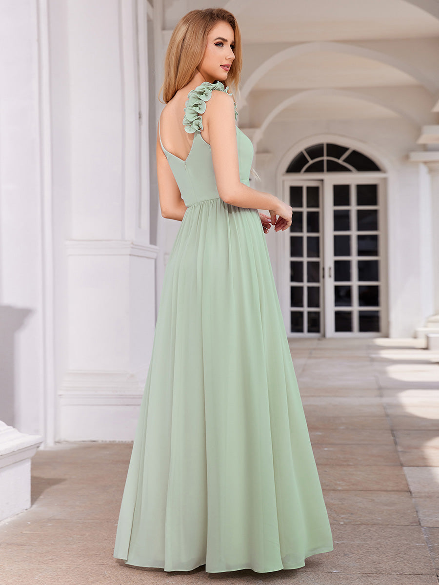 Color=Mint Green |  Elegant Flower Decoration Spaghetti Straps Chiffon Dresses A-Line Not-padded Brides Backless maids Dress-Mint Green 7