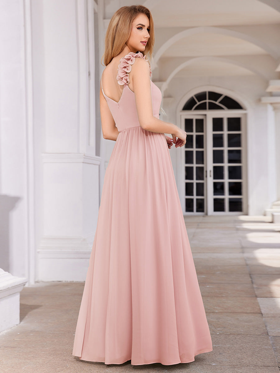 Color=Pink |  Elegant Flower Decoration Spaghetti Straps Chiffon Dresses A-Line Not-padded Brides Backless maids Dress-Pink 12