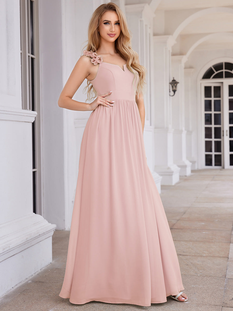 Color=Pink |  Elegant Flower Decoration Spaghetti Straps Chiffon Dresses A-Line Not-padded Brides Backless maids Dress-Pink 13