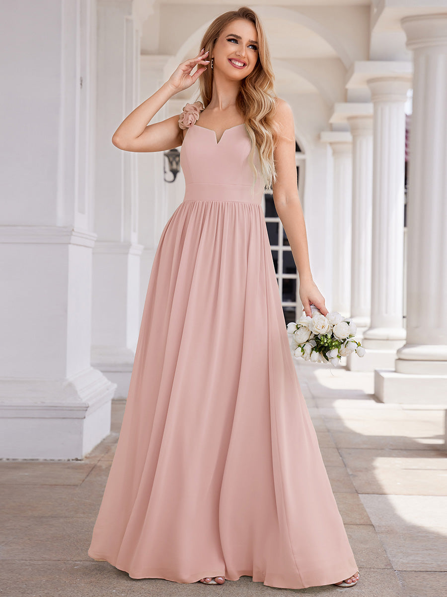 Color=Pink |  Elegant Flower Decoration Spaghetti Straps Chiffon Dresses A-Line Not-padded Brides Backless maids Dress-Pink 14