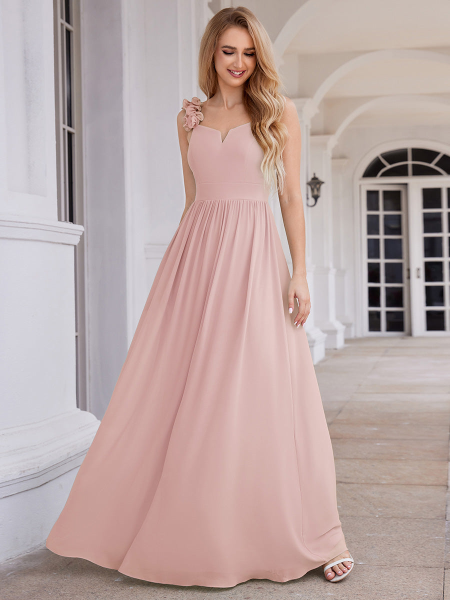 Color=Pink |  Elegant Flower Decoration Spaghetti Straps Chiffon Dresses A-Line Not-padded Brides Backless maids Dress-Pink 11