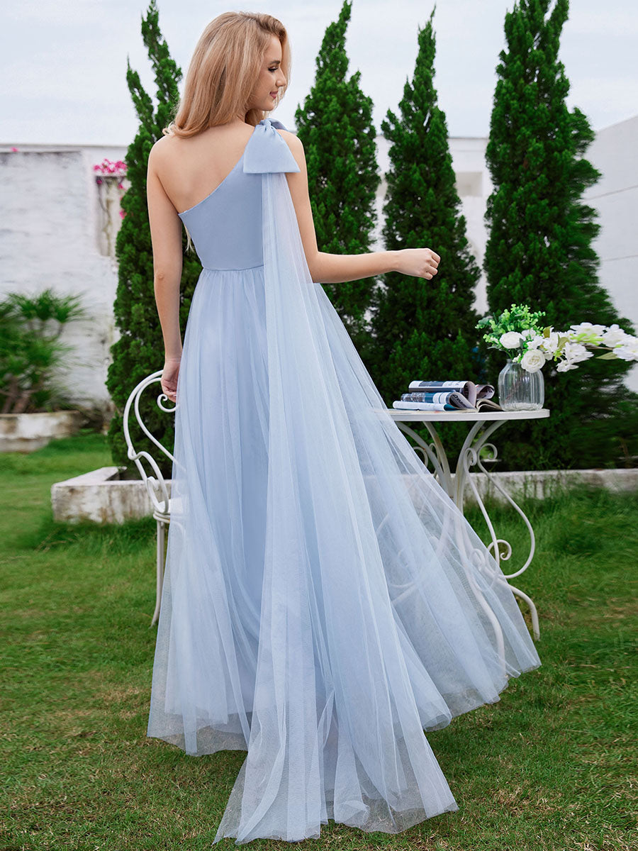 Color=Light Blue | Elegant Asymmetric Shoulder Streamer Pleated decoration Tulle Dresses with Bowknot-Light Blue 2