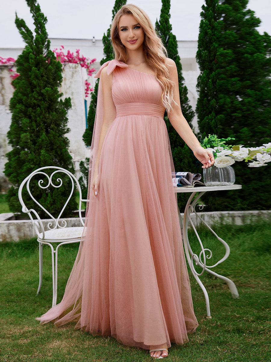 Color=Pink | Elegant Asymmetric Shoulder Streamer Pleated decoration Tulle Dresses with Bowknot-Pink 11