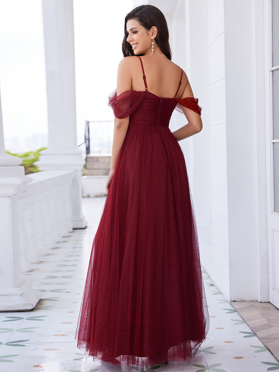 Color=Burgundy | Elegant Spaghetti Straps Sweetheart Neckline Pleated Tulle Bridesmaid Dresses with Padded Enough-Burgundy 2