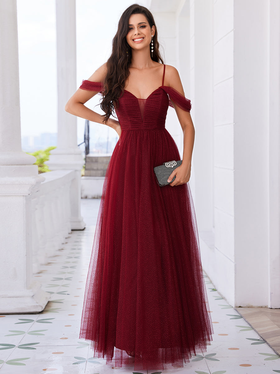 Color=Burgundy | Elegant Spaghetti Straps Sweetheart Neckline Pleated Tulle Bridesmaid Dresses with Padded Enough-Burgundy 3