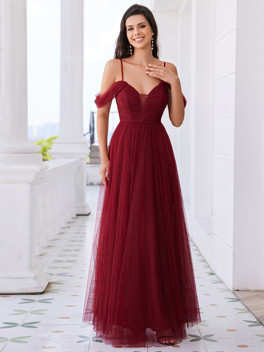 Color=Burgundy | Elegant Spaghetti Straps Sweetheart Neckline Pleated Tulle Bridesmaid Dresses with Padded Enough-Burgundy 4