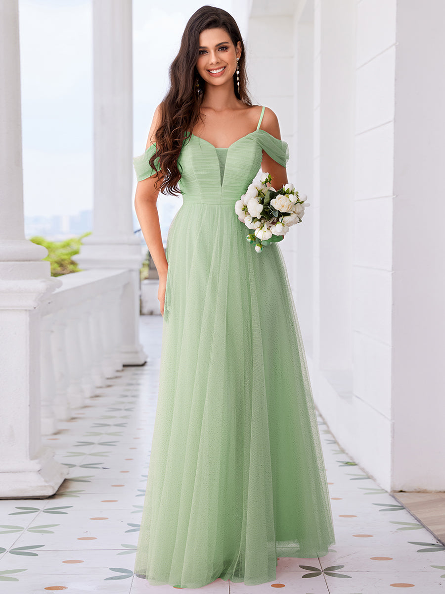 Color=Mint Green | Elegant Spaghetti Straps Sweetheart Neckline Pleated Tulle Bridesmaid Dresses with Padded Enough-Mint Green 6