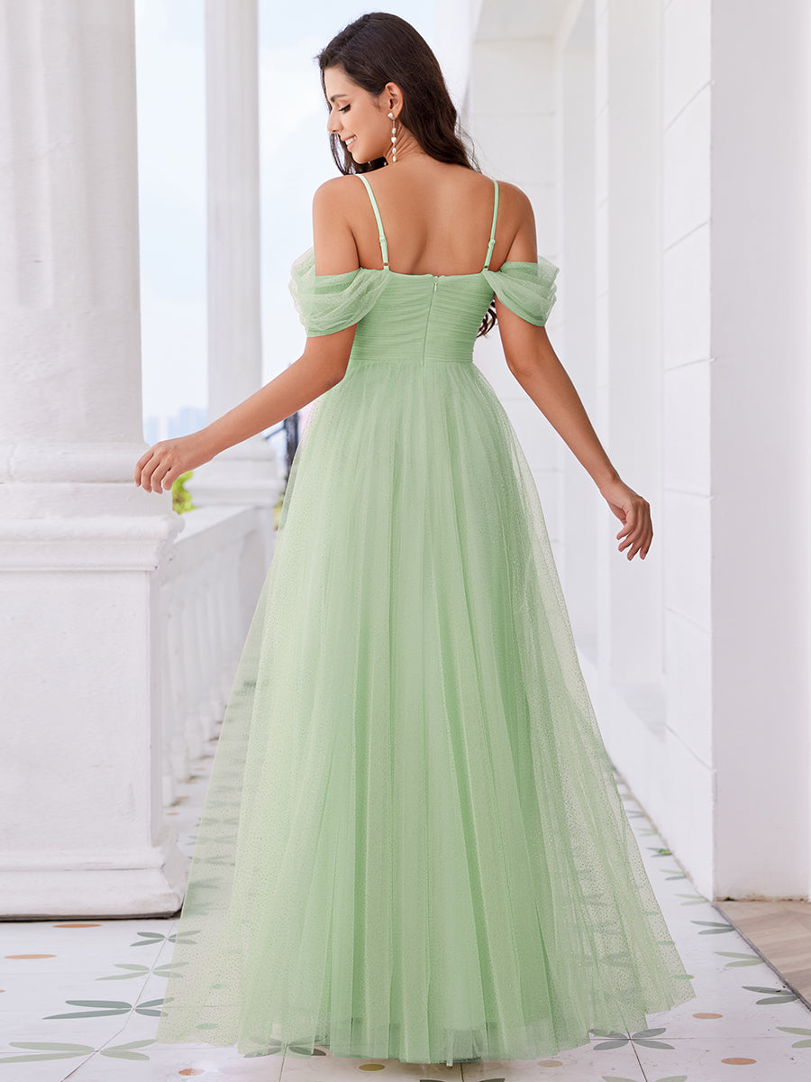 Color=Mint Green | Elegant Spaghetti Straps Sweetheart Neckline Pleated Tulle Bridesmaid Dresses with Padded Enough-Mint Green 7