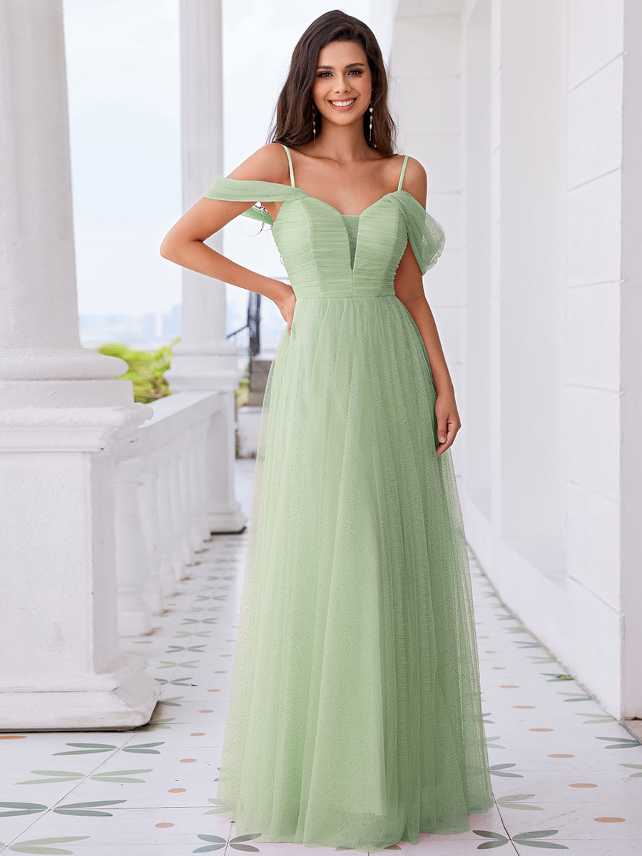 Color=Mint Green | Elegant Spaghetti Straps Sweetheart Neckline Pleated Tulle Bridesmaid Dresses with Padded Enough-Mint Green 8