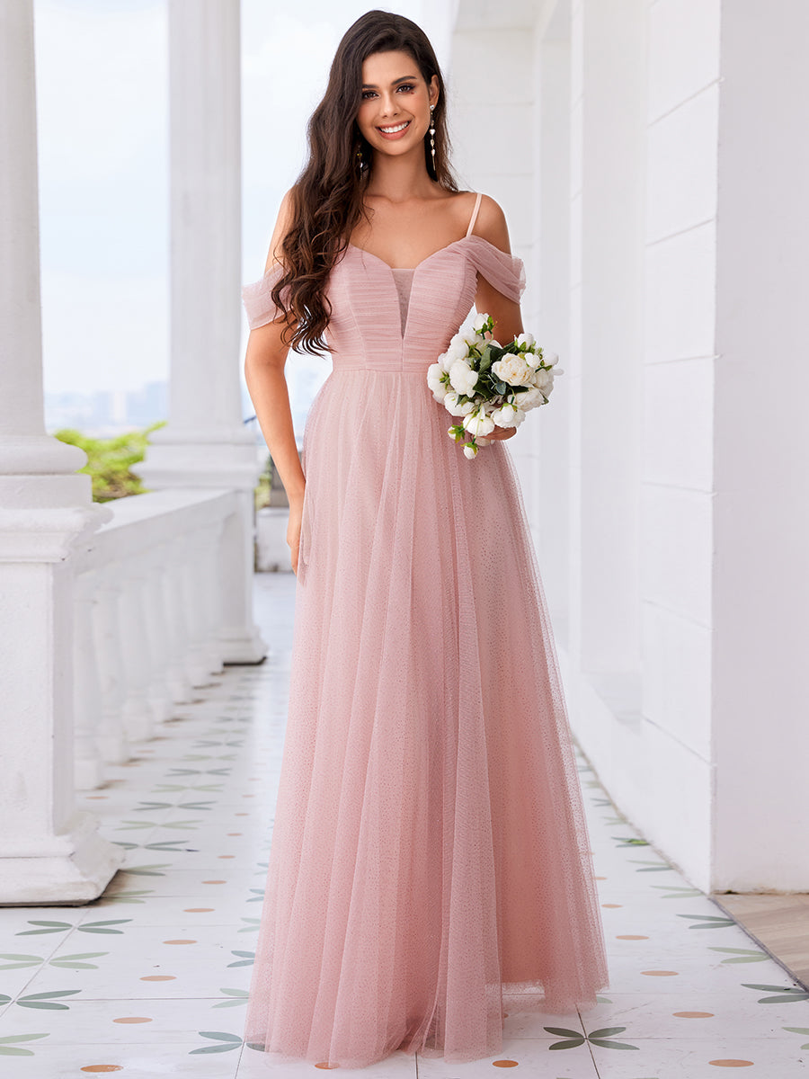 Color=Pink | Elegant Spaghetti Straps Sweetheart Neckline Pleated Tulle Bridesmaid Dresses with Padded Enough-Pink 11