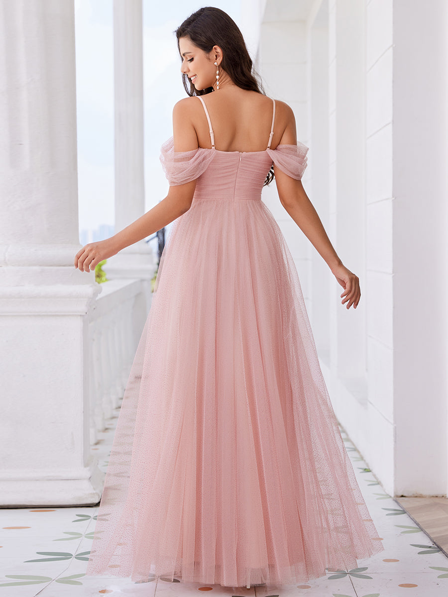 Color=Pink | Elegant Spaghetti Straps Sweetheart Neckline Pleated Tulle Bridesmaid Dresses with Padded Enough-Pink 12