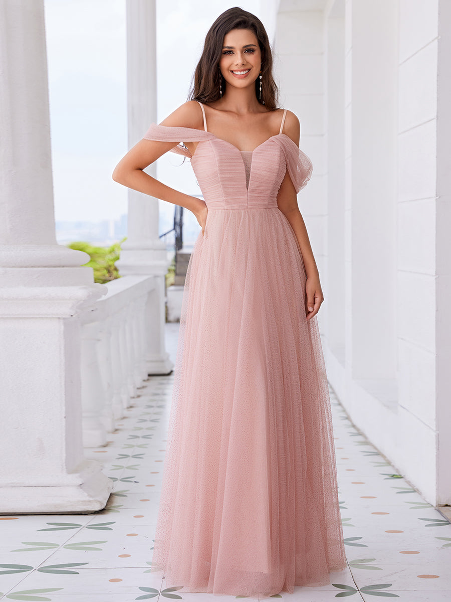 Color=Pink | Elegant Spaghetti Straps Sweetheart Neckline Pleated Tulle Bridesmaid Dresses with Padded Enough-Pink 13