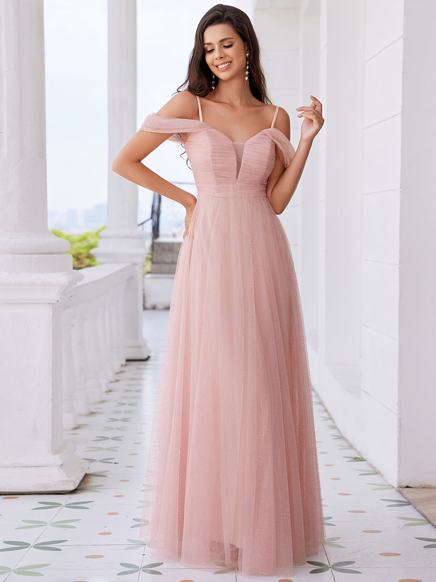 Color=Pink | Elegant Spaghetti Straps Sweetheart Neckline Pleated Tulle Bridesmaid Dresses with Padded Enough-Pink 14