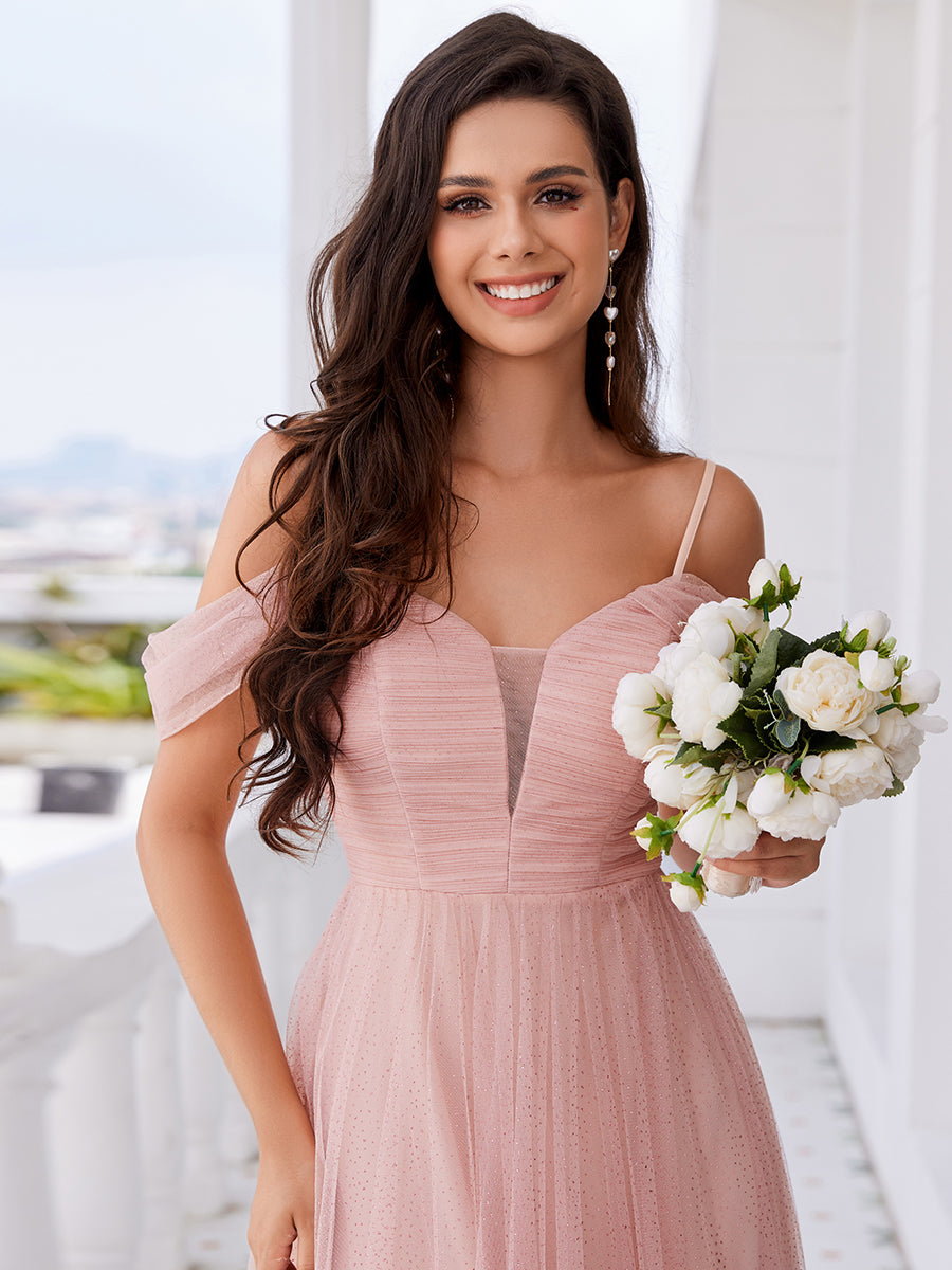 Color=Pink | Elegant Spaghetti Straps Sweetheart Neckline Pleated Tulle Bridesmaid Dresses with Padded Enough-Pink 15