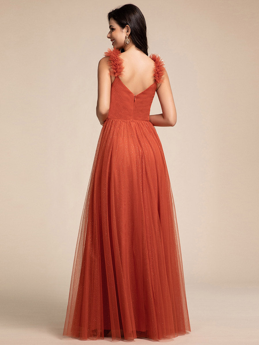 Color=Burnt Orange | Romantic Deep V Neck Flying sleeve Tulle Bridesmaid Dresses with Gold Stamping Pleated decoration  -Burnt Orange 2